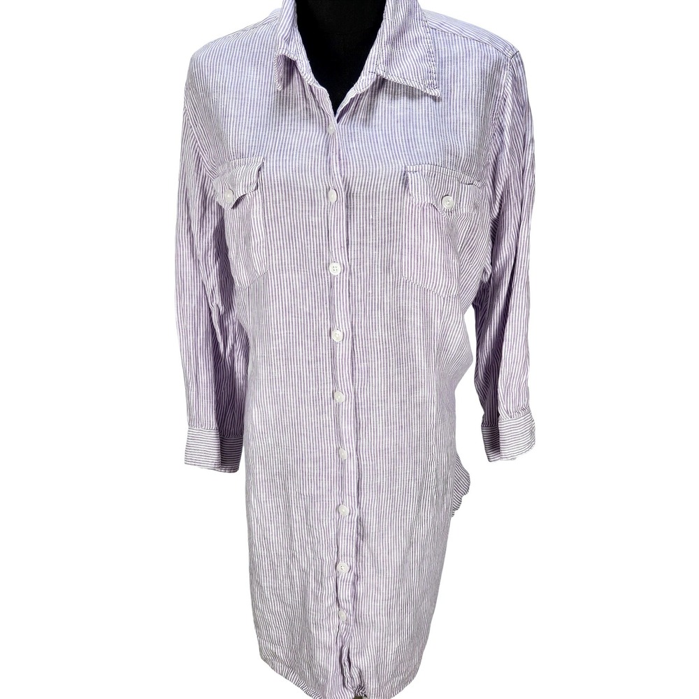 Women's Coldwater‎ Creek 2X Purple Striped 100% Linen Button Down Shirt Dress